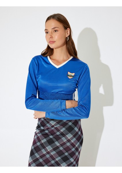 x Inji - V Yaka Kolej Nakışlı Biyeli Gipeli Uzun Kollu Slim Fit Tişört modelleri