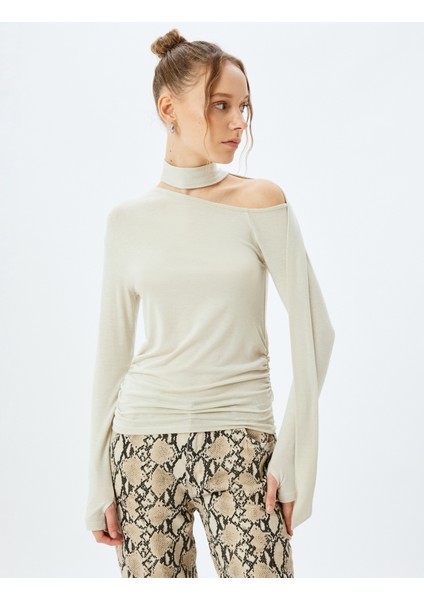 Uzun Kollu Asimetrik Yaka Bağlama Detaylı Slim Fit Tişört modelleri