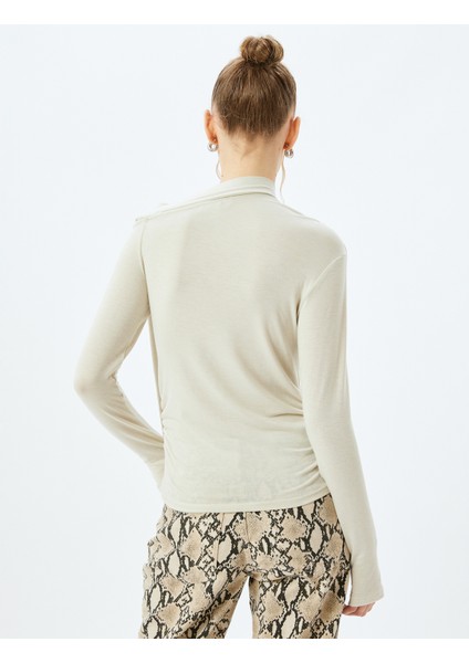 Uzun Kollu Asimetrik Yaka Bağlama Detaylı Slim Fit Tişört fırsatları