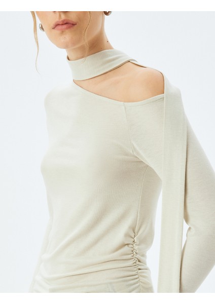 Uzun Kollu Asimetrik Yaka Bağlama Detaylı Slim Fit Tişört indirimleri