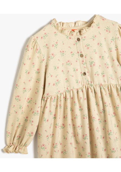 Çiçekli Elbise Uzun Kollu Hakim Yaka Düğme Detaylı modelleri