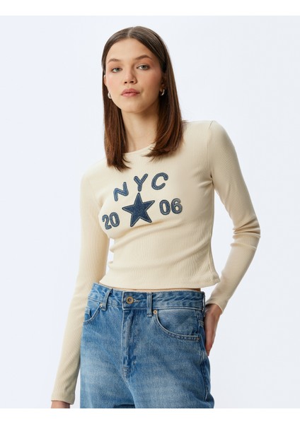 Kolej Nakışlı Bisiklet Yaka Uzun Kollu Pamuklu Tişört