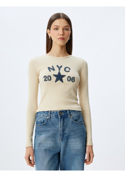 Kolej Nakışlı Bisiklet Yaka Uzun Kollu Pamuklu Tişört modelleri