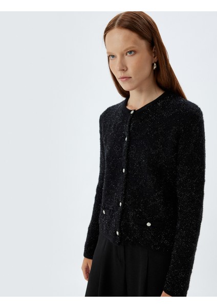 Uzun Kollu Yuvarlak Yaka Düğmeli Cepli Peluş Hırka