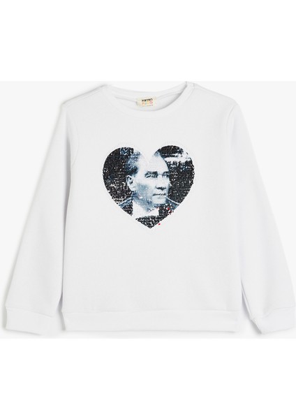 Atatürk Baskılı Tişört Pullu Payetli Bisiklet Yaka Uzun Kollu