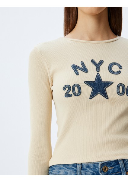 Kolej Nakışlı Bisiklet Yaka Uzun Kollu Pamuklu Tişört indirimleri