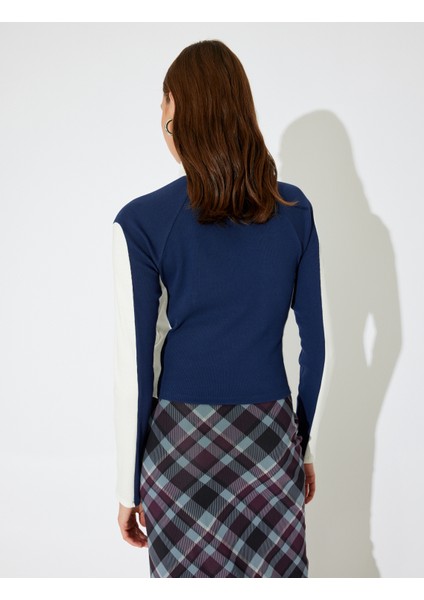 x Inji - Fermuarlı Dik Yaka Renk Bloklu Kolej Baskılı Uzun Kollu Slim Fit Tişört fırsatları