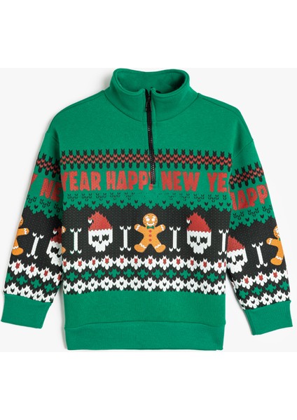 Sweatshirt Yılbaşı Temalı Dik Yaka Yarım Fermuarlı Kuru Kafa Baskılı modelleri