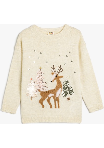 Oversize Triko Kazak Geyik Işlemeli Uzun Kollu Pullu Payetli