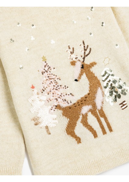 Oversize Triko Kazak Geyik Işlemeli Uzun Kollu Pullu Payetli modelleri