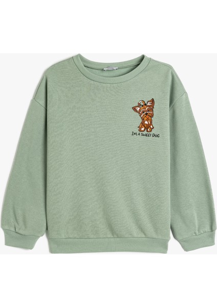 Sweatshirt Köpek Baskılı Uzun Kollu Bisiklet Yaka Şardonlu