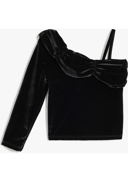 Tek Omuzlu Kadife Bluz Askılı Detaylı