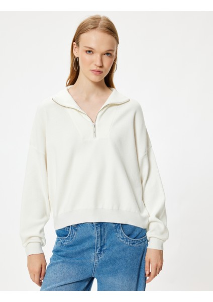 Yarım Fermuarlı Kazak Uzun Kollu Viskon Karışımlı Düşük Omuzlu modelleri