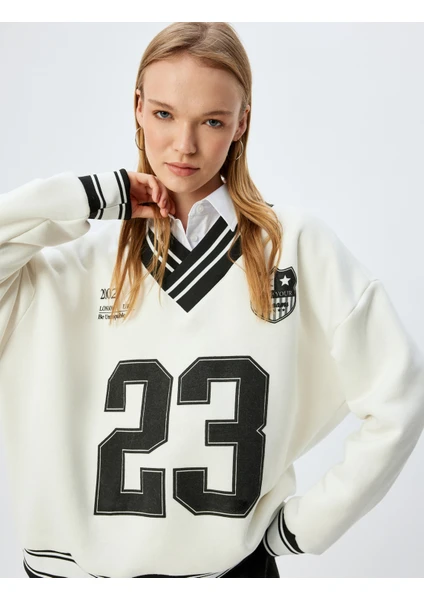 Oversize Sweatshirt V Yaka Biyeli Kolej Baskılı