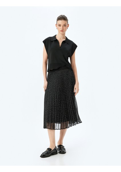 Astarlı Yüksek Bel Puantiyeli Midi Boy Pileli Şifon Etek