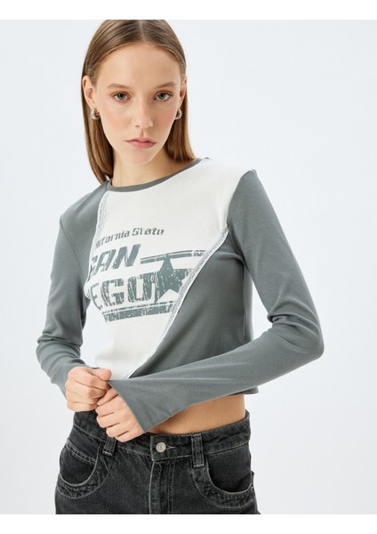 Uzun Kollu Dikiş Detaylı Slogan Baskılı Slim Fit Bisiklet Yaka Tişört