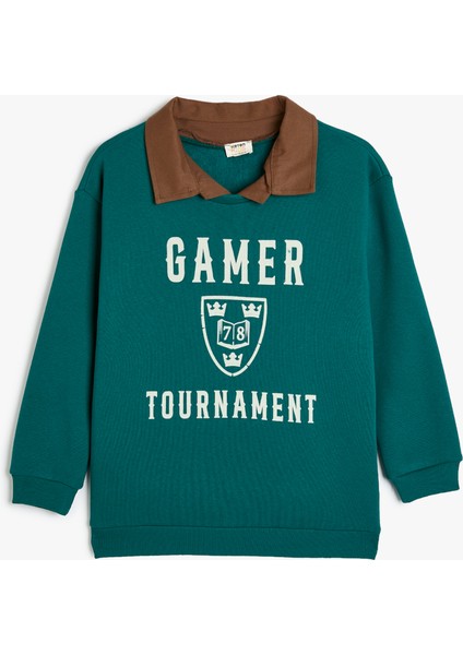 Gömlek Yaka Sweatshirt Baskı Detaylı Uzun Kollu
