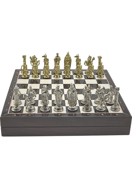 Büyük Boy Metal Ingiliz Satranç Takımı Parlak ve Ceviz Desenli Sandıklı Mdf TAHTASI(36X36X6 Cm.)
