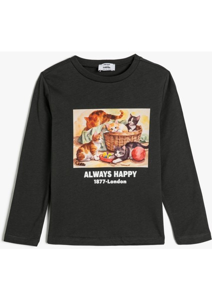 Tişört Uzun Kollu Kedi Baskılı Bisiklet Yaka Pamuklu
