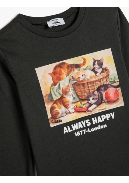 Tişört Uzun Kollu Kedi Baskılı Bisiklet Yaka Pamuklu modelleri