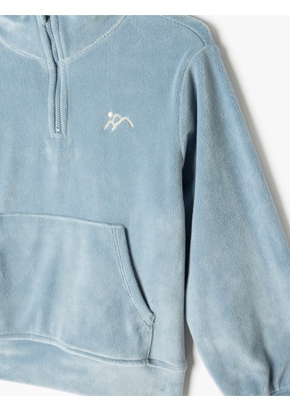 Kadife Sweatshirt Dik Yaka Yarım Fermuarlı Uzun Kollu