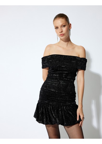 Madonna Yaka Simli Volanlı Drapeli Mini Abiye Elbise fiyatları