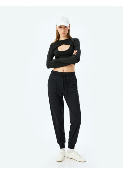Cep Detaylı Yüksek Bel Bağcıklı Yumuşak Tuşe Jogger Spor Eşofman Altı Interlok
