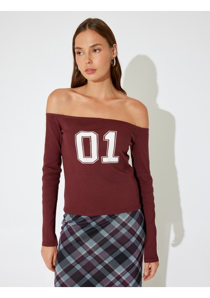 x Inji - Fitilli Kayık Yaka Kolej Baskılı Biyeli Uzun Kollu Slim Fit Tişört modelleri