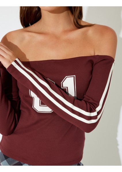 x Inji - Fitilli Kayık Yaka Kolej Baskılı Biyeli Uzun Kollu Slim Fit Tişört indirimleri