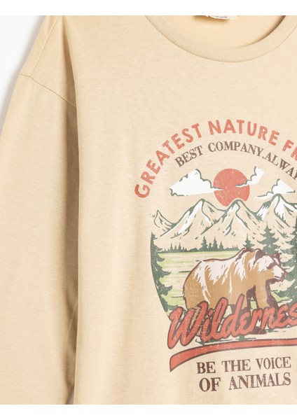 Oversize Tişört Uzun Kollu Bisiklet Yaka Baskı Detaylı Pamuklu modelleri