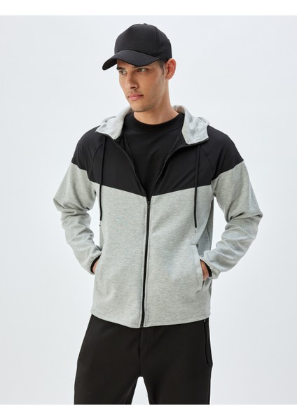 Spor Sweatshirt Oversize Kapşonlu Fermuarlı Scuba Kumaş Renk Kontrastlı Cep Detaylı Pamuk Karışımlı