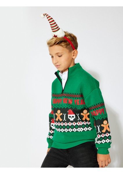 Sweatshirt Yılbaşı Temalı Dik Yaka Yarım Fermuarlı Kuru Kafa Baskılı