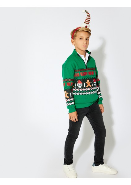 Sweatshirt Yılbaşı Temalı Dik Yaka Yarım Fermuarlı Kuru Kafa Baskılı fiyatları