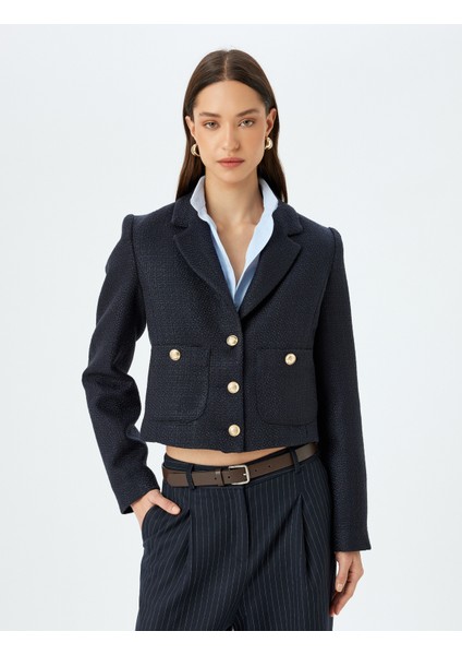 Slim Fit Gold Düğme Detaylı Cepli Crop Tüvit Blazer Ceket modelleri
