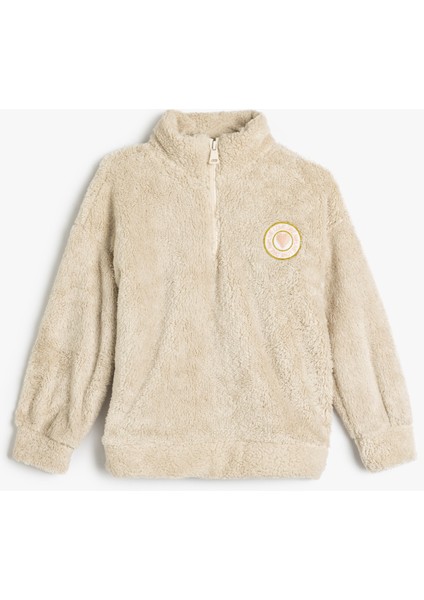 Oversize Peluş Sweatshirt Dik Yaka Yarım Fermuarlı Uzun Kollu