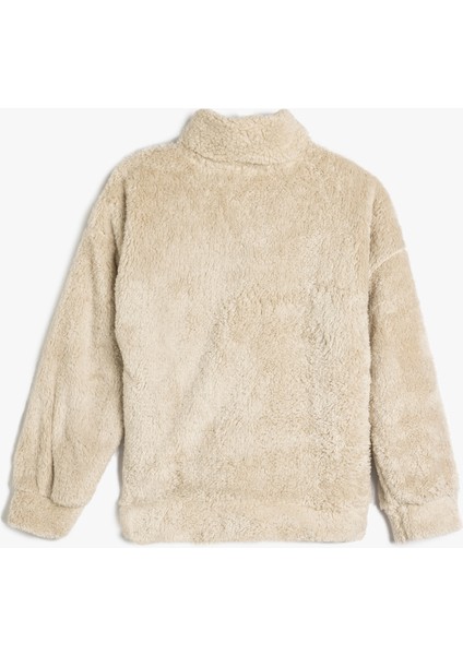 Oversize Peluş Sweatshirt Dik Yaka Yarım Fermuarlı Uzun Kollu fiyatları