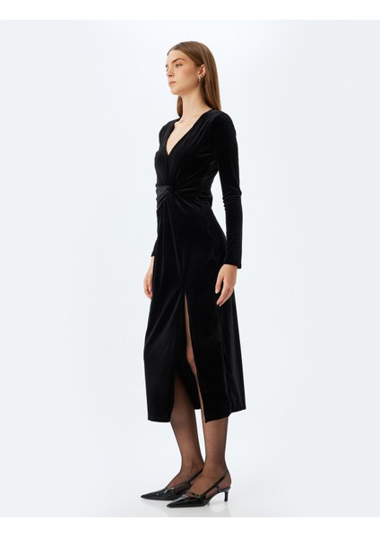 Uzun Kadife Elbise Slim Fit V Yaka Uzun Kollu Yırtmaç Detaylı fiyatları