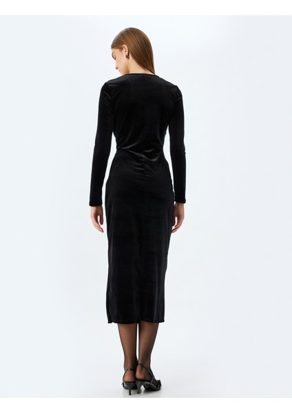 Uzun Kadife Elbise Slim Fit V Yaka Uzun Kollu Yırtmaç Detaylı fırsatları