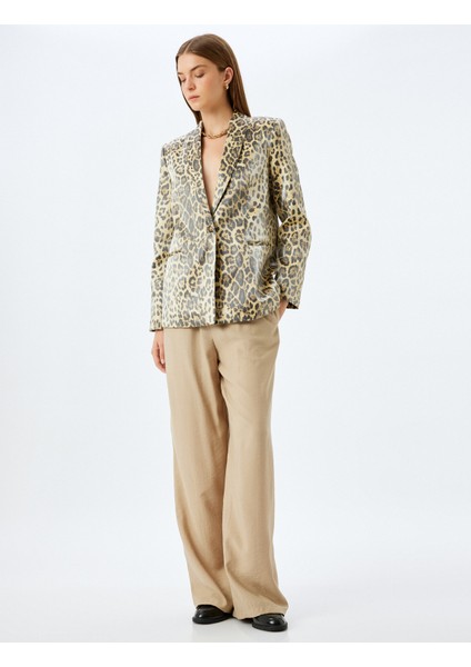Viskon Düğmeli Cepli Kruvaze Leopar Desenli Blazer Ceket