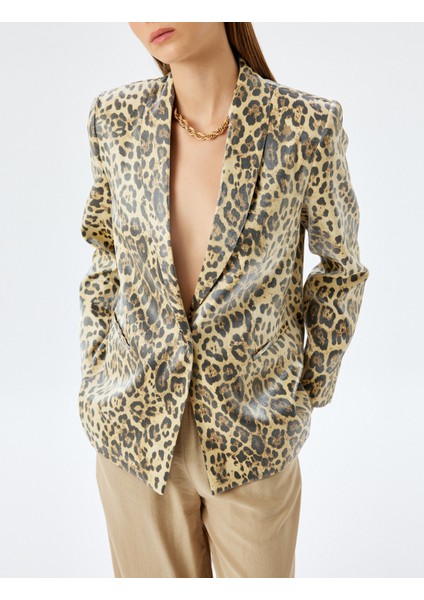 Viskon Düğmeli Cepli Kruvaze Leopar Desenli Blazer Ceket fiyatları