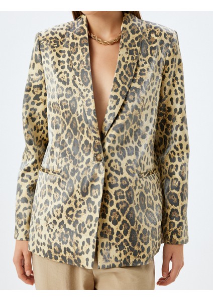 Viskon Düğmeli Cepli Kruvaze Leopar Desenli Blazer Ceket indirimleri