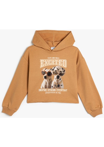Kapşonlu Sweatshirt Köpek Baskılı Uzun Kollu Pamuklu