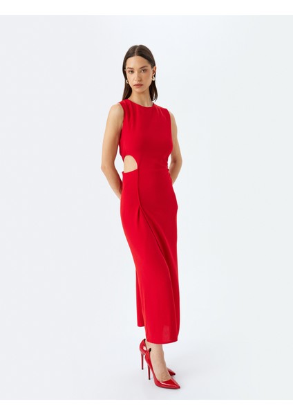 Yırtmaçlı Pencere Detaylı Yuvarlak Yaka Kolsuz Kruvaze Uzun Elbise fiyatları