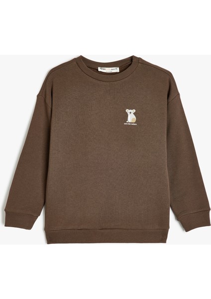Organik Pamuklu Sweatshirt Koala Baskılı Uzun Kollu Bisiklet Yaka