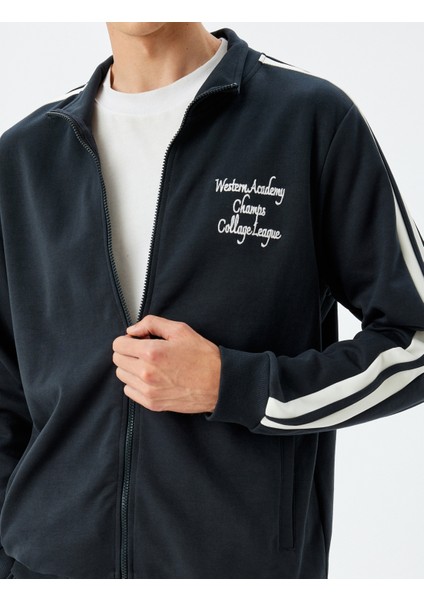 Dik Yaka Kolej Işlemeli Biyeli Cep Detaylı Pamuklu Fermuarlı Hırka indirimleri