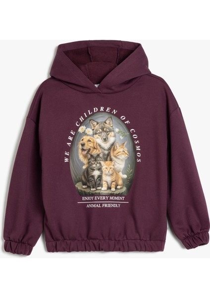 Kapşonlu Sweatshirt Hayvanlar Baskı Detaylı Uzun Kollu Şardonlu