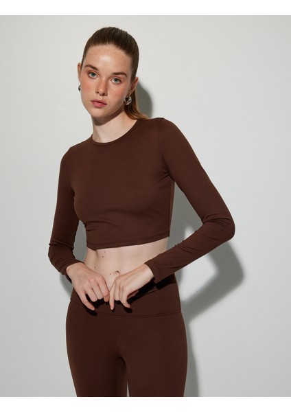 Crop Spor Tişört Bisiklet Yaka Uzun Kollu Yumuşak Tuşe Slim Fit modelleri