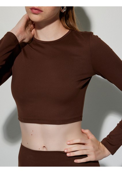 Crop Spor Tişört Bisiklet Yaka Uzun Kollu Yumuşak Tuşe Slim Fit indirimleri