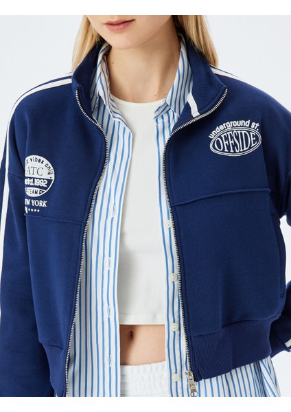 Dik Yaka Fermuarlı Cep Detaylı Biyeli Crop Kolej Sweatshirt indirimleri