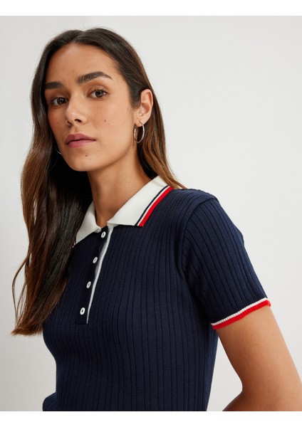 Polo Yaka Triko Kazak Kısa Kollu Saç Örgü Desenli